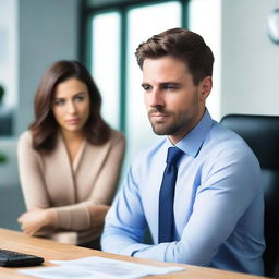 A handsome man and a beautiful woman in an office setting