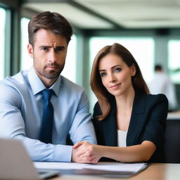 A handsome man and a beautiful woman in an office setting