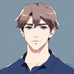 A cute guy in his early twenties with a diamond-shaped face, short messy brown hair, brown eyes, and stubble