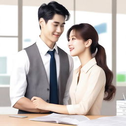 A cute and funny scene of a handsome man and a beautiful woman in a Korean office setting, styled like a Korean book cover