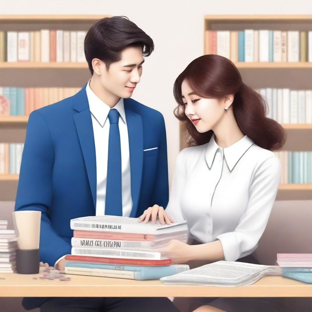 A cute and funny scene of a handsome man and a beautiful woman in a Korean office setting, styled like a Korean book cover