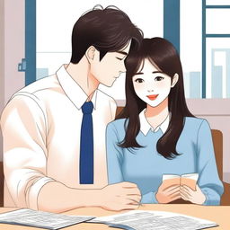 A cute and funny scene of a handsome man and a beautiful woman in a Korean office setting, styled like a Korean book cover