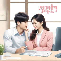 A cute and funny scene of a handsome man and a beautiful woman in a Korean office setting, styled like a Korean book cover