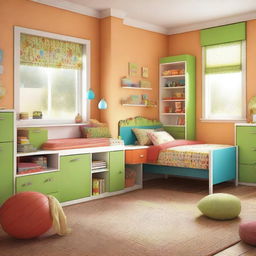 Create a design for a child's room featuring bright colors, playful patterns, and fun decorations