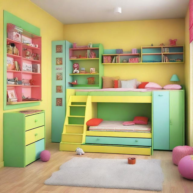 Create a design for a child's room featuring bright colors, playful patterns, and fun decorations