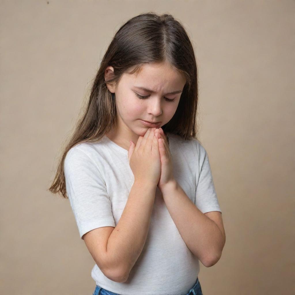 A young girl in casual clothing standing shyly with her cheeks flushed with embarrassment, looking down and fiddling with her hands.