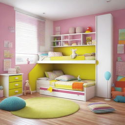 Create a design for a child's room featuring bright colors, playful patterns, and fun decorations