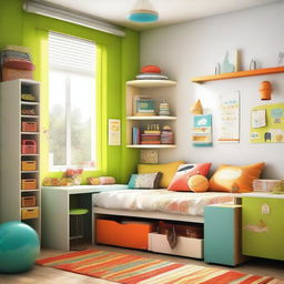 Create a design for a child's room featuring bright colors, playful patterns, and fun decorations