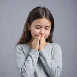 A young girl in casual clothing standing shyly with her cheeks flushed with embarrassment, looking down and fiddling with her hands.