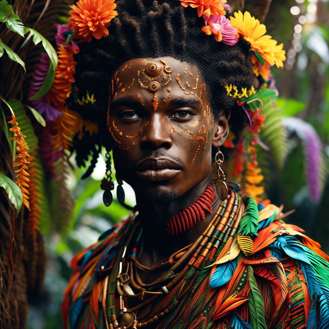 Hyper-realistic 3D photograph of another different androgynous African man in tribal attire in a vibrant mystical jungle.