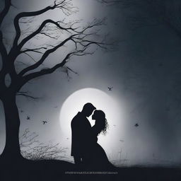 Create a mysterious dark romance book cover featuring a shadowy couple embracing under a moonlit night