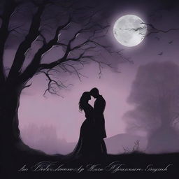 Create a mysterious dark romance book cover featuring a shadowy couple embracing under a moonlit night