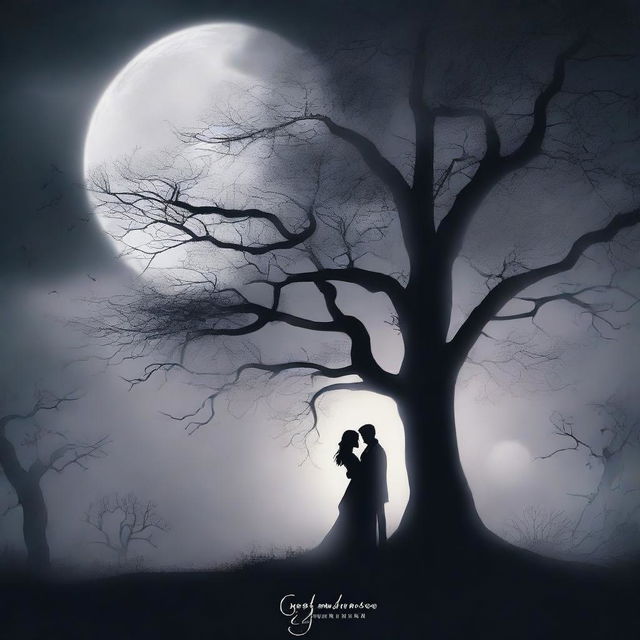 Create a mysterious dark romance book cover featuring a shadowy couple embracing under a moonlit night