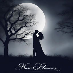 Create a mysterious dark romance book cover featuring a shadowy couple embracing under a moonlit night