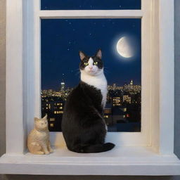 A whimsical scene of a 'cat lady', depicted as an elegant lady cat, sitting on a moon-lit window sill, watching over the night cityscape.