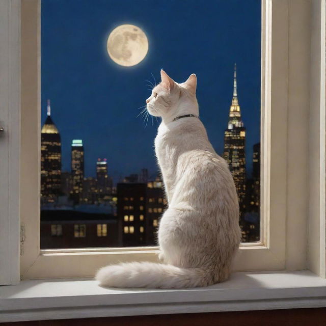 A whimsical scene of a 'cat lady', depicted as an elegant lady cat, sitting on a moon-lit window sill, watching over the night cityscape.