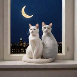 A whimsical scene of a 'cat lady', depicted as an elegant lady cat, sitting on a moon-lit window sill, watching over the night cityscape.