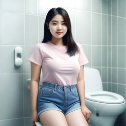 Create a realistic photo of an Asian woman, 17 years old, with a fuller figure