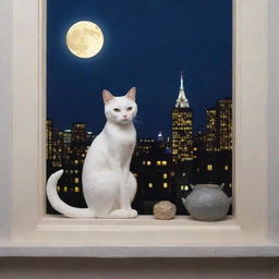 A whimsical scene of a 'cat lady', depicted as an elegant lady cat, sitting on a moon-lit window sill, watching over the night cityscape.