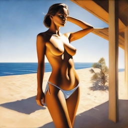 A tasteful and artistic depiction of sunlight highlighting the toned figure of a woman in a bikini, focusing on the elegance and beauty of the scene