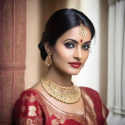 A beautiful Indian Hindu housewife in traditional attire, posing gracefully in a serene and elegant setting