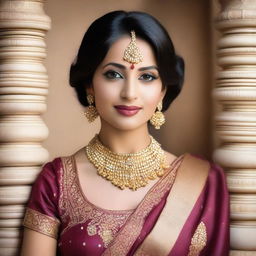 A beautiful Indian Hindu housewife in traditional attire, posing gracefully in a serene and elegant setting