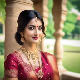 A beautiful Indian Hindu housewife in traditional attire, posing gracefully in a serene and elegant setting