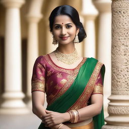 A beautiful Indian Hindu housewife in traditional attire, posing gracefully in a serene and elegant setting