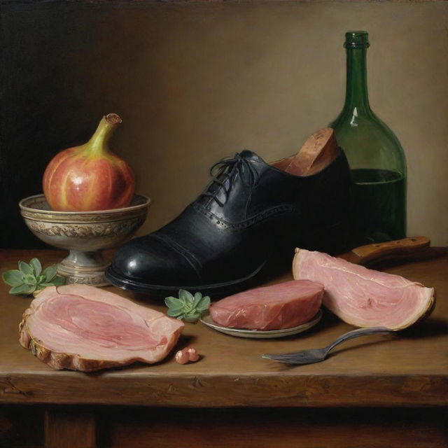 A meticulously detailed still life painting in the Renaissance style featuring a succulent ham, an elegantly crafted shoe, and an artist's paintbrush.