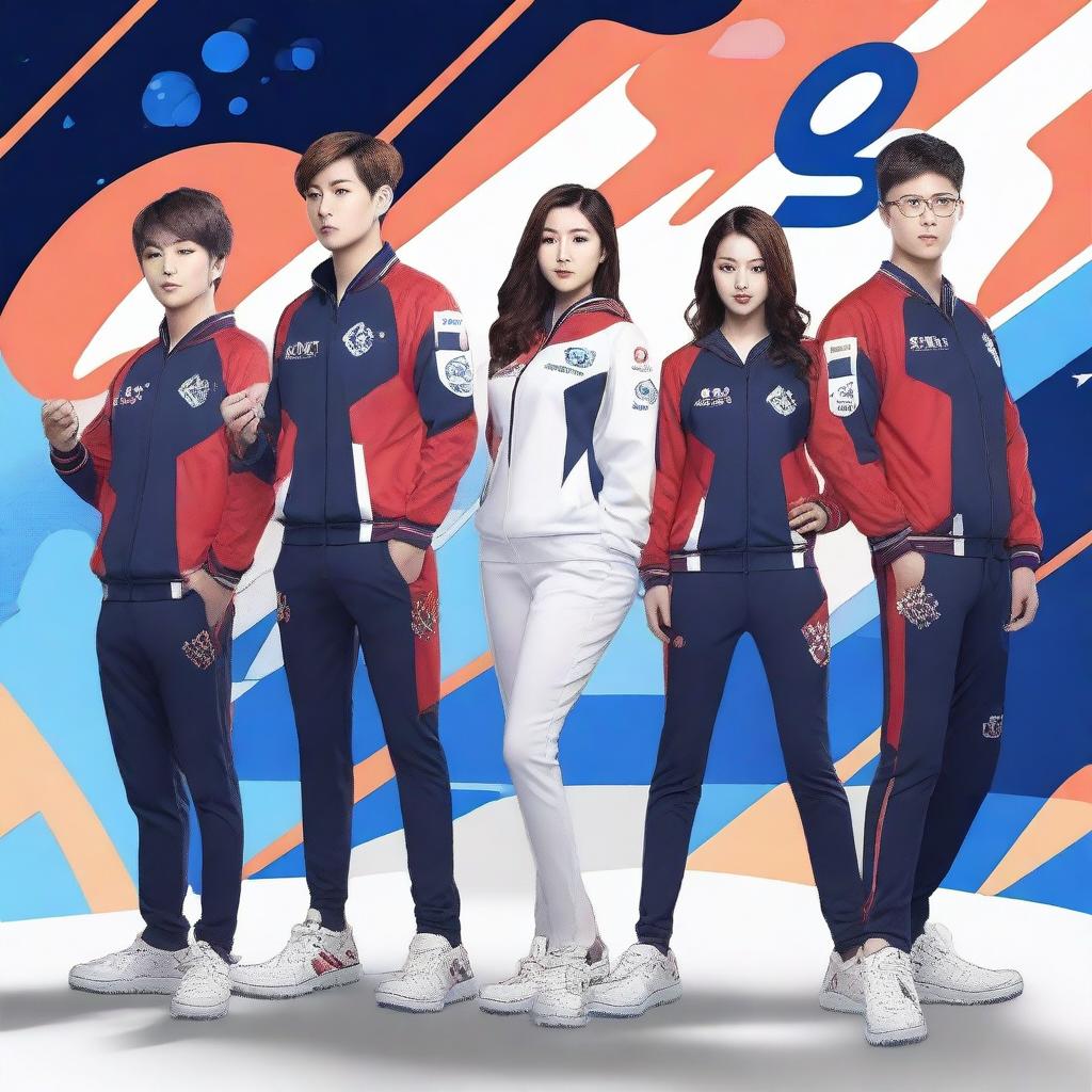 Create an image of five persons, consisting of four men and one woman, all dressed in a uniform for a Korean e-sports team named Quantum