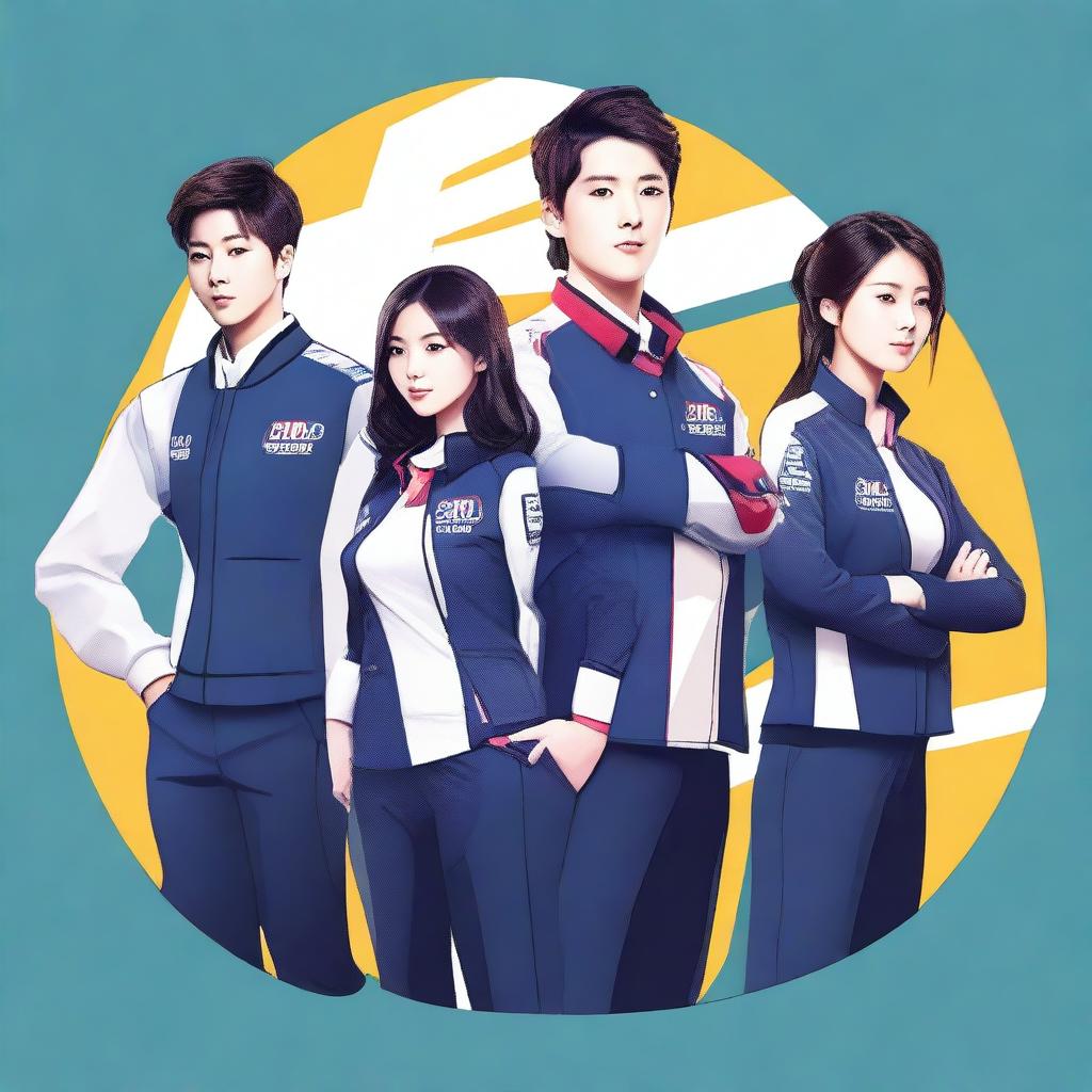 Create an image of five persons, consisting of four men and one woman, all dressed in a uniform for a Korean e-sports team named Quantum