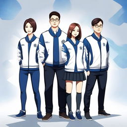 Create an image of five persons, consisting of four men and one woman, all dressed in a uniform for a Korean e-sports team named Quantum