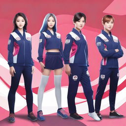 Create an image of five persons, consisting of four men and one woman, all dressed in a uniform for a Korean e-sports team named Quantum