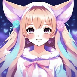 Una chica anime con orejas de lince, con un estilo kawaii y detalles adorables, en un entorno de fantasía con colores brillantes y un ambiente alegre