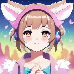 Una chica anime con orejas de lince, con un estilo kawaii y detalles adorables, en un entorno de fantasía con colores brillantes y un ambiente alegre