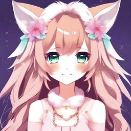 Una chica anime con orejas de lince, con un estilo kawaii y detalles adorables, en un entorno de fantasía con colores brillantes y un ambiente alegre