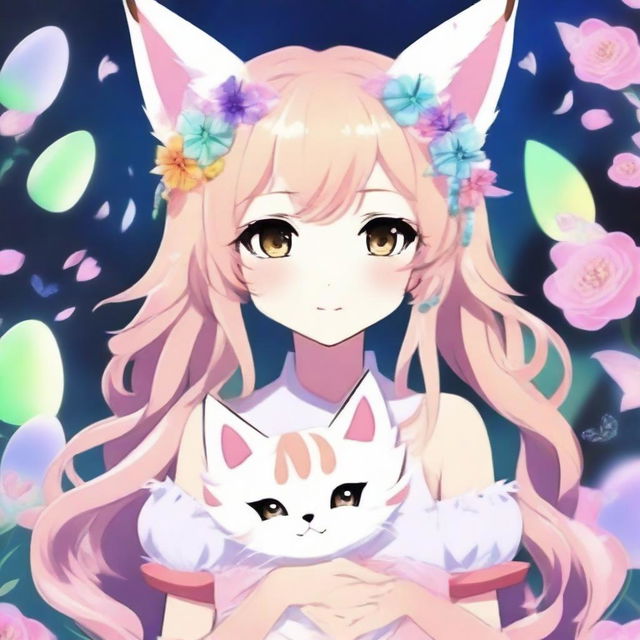 Una chica anime con orejas de lince, con un estilo kawaii y detalles adorables, en un entorno de fantasía con colores brillantes y un ambiente alegre