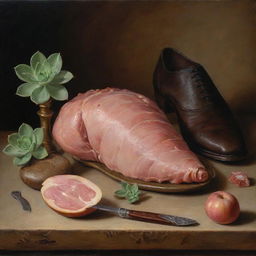 A meticulously detailed still life painting in the Renaissance style featuring a succulent ham, an elegantly crafted shoe, and an artist's paintbrush.