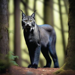 A black lynx standing majestically in a forest, its sleek fur blending into the shadows of the trees