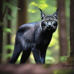 A black lynx standing majestically in a forest, its sleek fur blending into the shadows of the trees