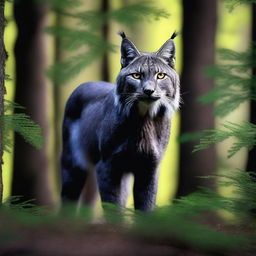 A black lynx standing majestically in a forest, its sleek fur blending into the shadows of the trees