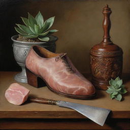 A meticulously detailed still life painting in the Renaissance style featuring a succulent ham, an elegantly crafted shoe, and an artist's paintbrush.