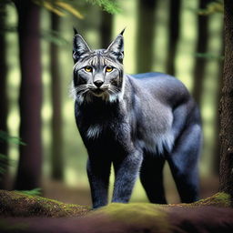 A black lynx standing majestically in a forest, its sleek fur blending into the shadows of the trees