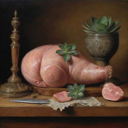 A meticulously detailed still life painting in the Renaissance style featuring a succulent ham, an elegantly crafted shoe, and an artist's paintbrush.