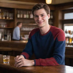 Peter Parker, known as Spiderman, in casual attire, tending a bar and serving drinks with a welcoming smile.