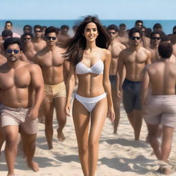 Disha Patani in a bikini walking among a dense crowd of males