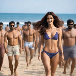 Disha Patani in a bikini walking among a dense crowd of males