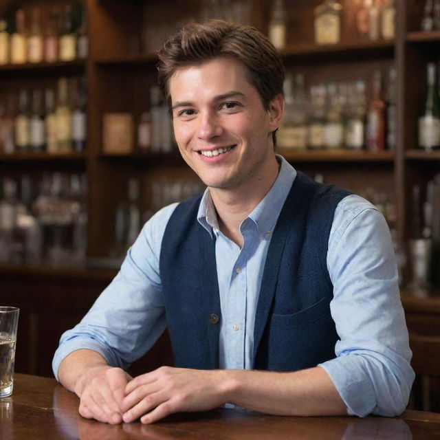 Peter Parker, known as Spiderman, in casual attire, tending a bar and serving drinks with a welcoming smile.