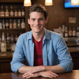 Peter Parker, known as Spiderman, in casual attire, tending a bar and serving drinks with a welcoming smile.