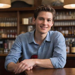 Peter Parker, known as Spiderman, in casual attire, tending a bar and serving drinks with a welcoming smile.